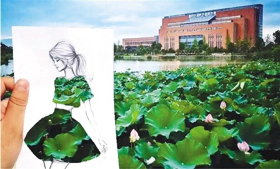 大学生脑洞大开把校园美景“穿”上身（图）